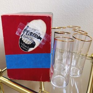 RARE Vintage NOS Klepa Arts Hollywood Gold Rim Tired Glasses Set‎ of 6